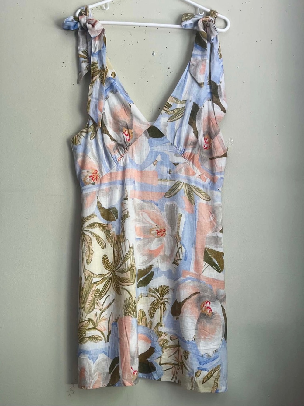 Floral Tie-Shoulder Mini Dress in Pastel Blue and Pink